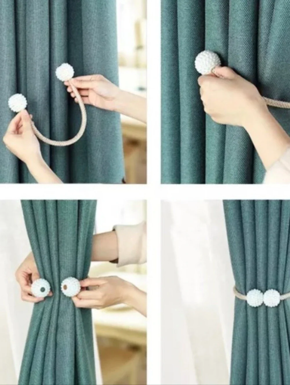 White Faux Pearl Magnetic Curtain Holder Tiebacks Set of 2